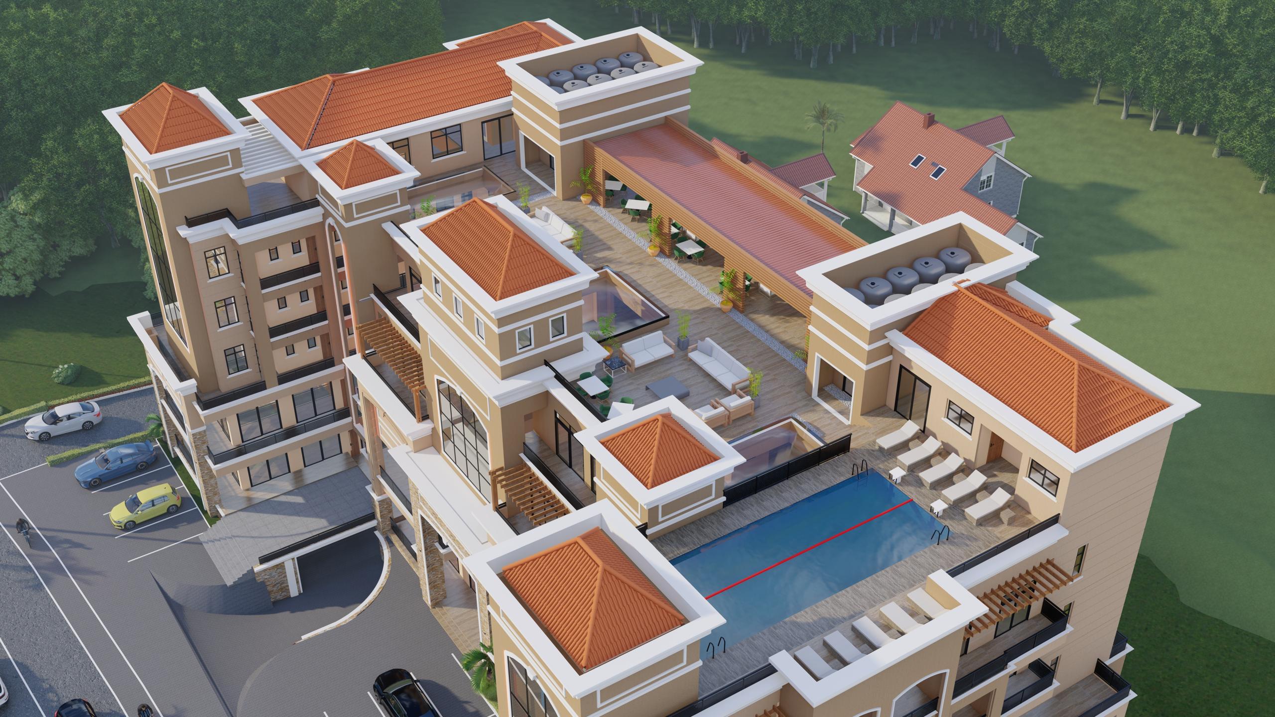 West Mall aerial view with rooftop pool and lounge